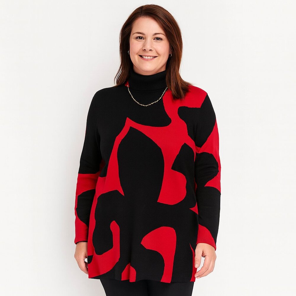 Chico’s XXL Abstract Turtleneck Sweater – Bold Red & Black Statement Knit